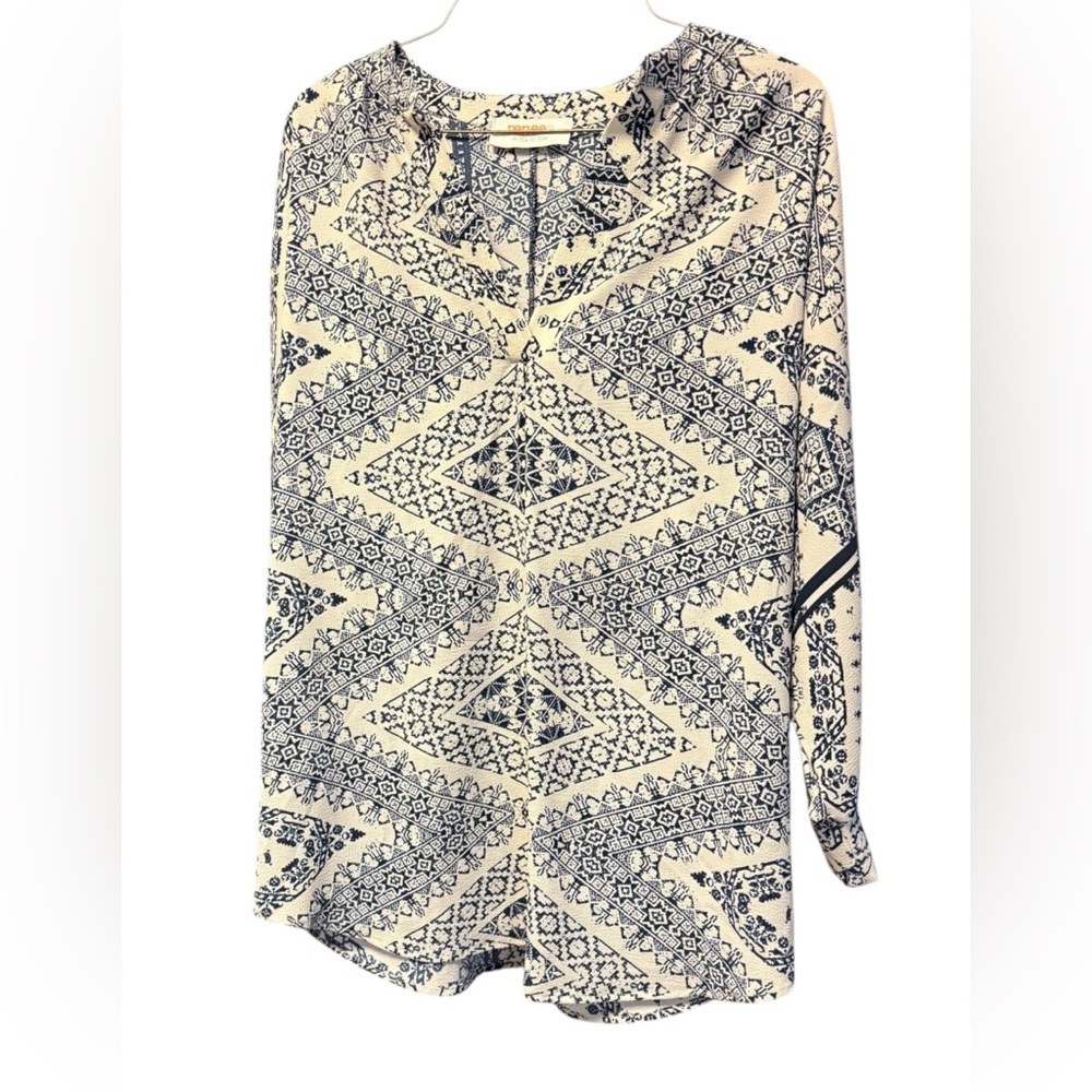 Renee C. Blue and Cream Boho Blouse Split Neck 3/4 Sleeve Size XS